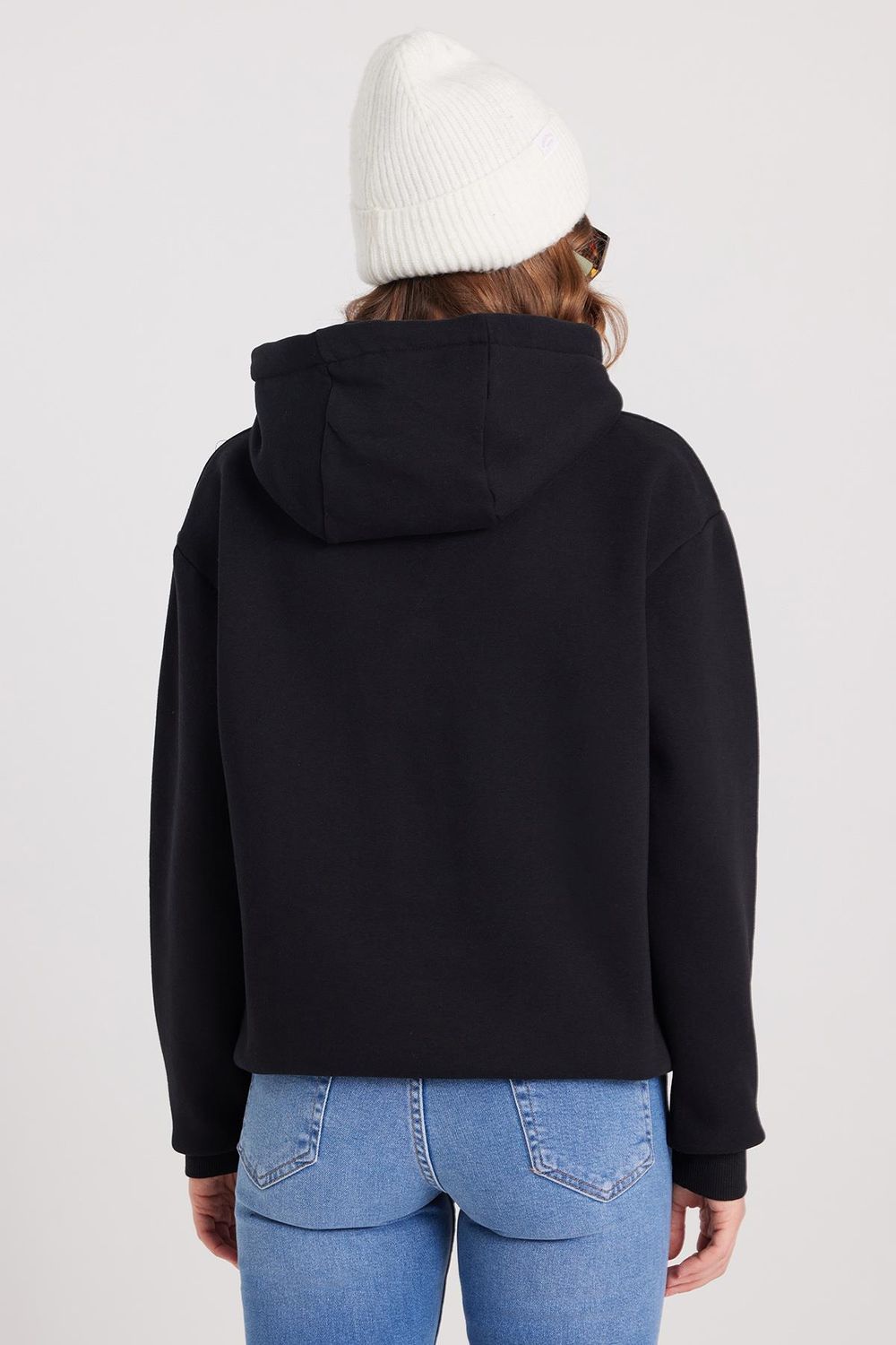 Kadın Oversize Geniş Kesim Pamuklu Yumuşak Dokulu İçi Polarlı Basic Siyah Kapüşonlu Sweatshirt