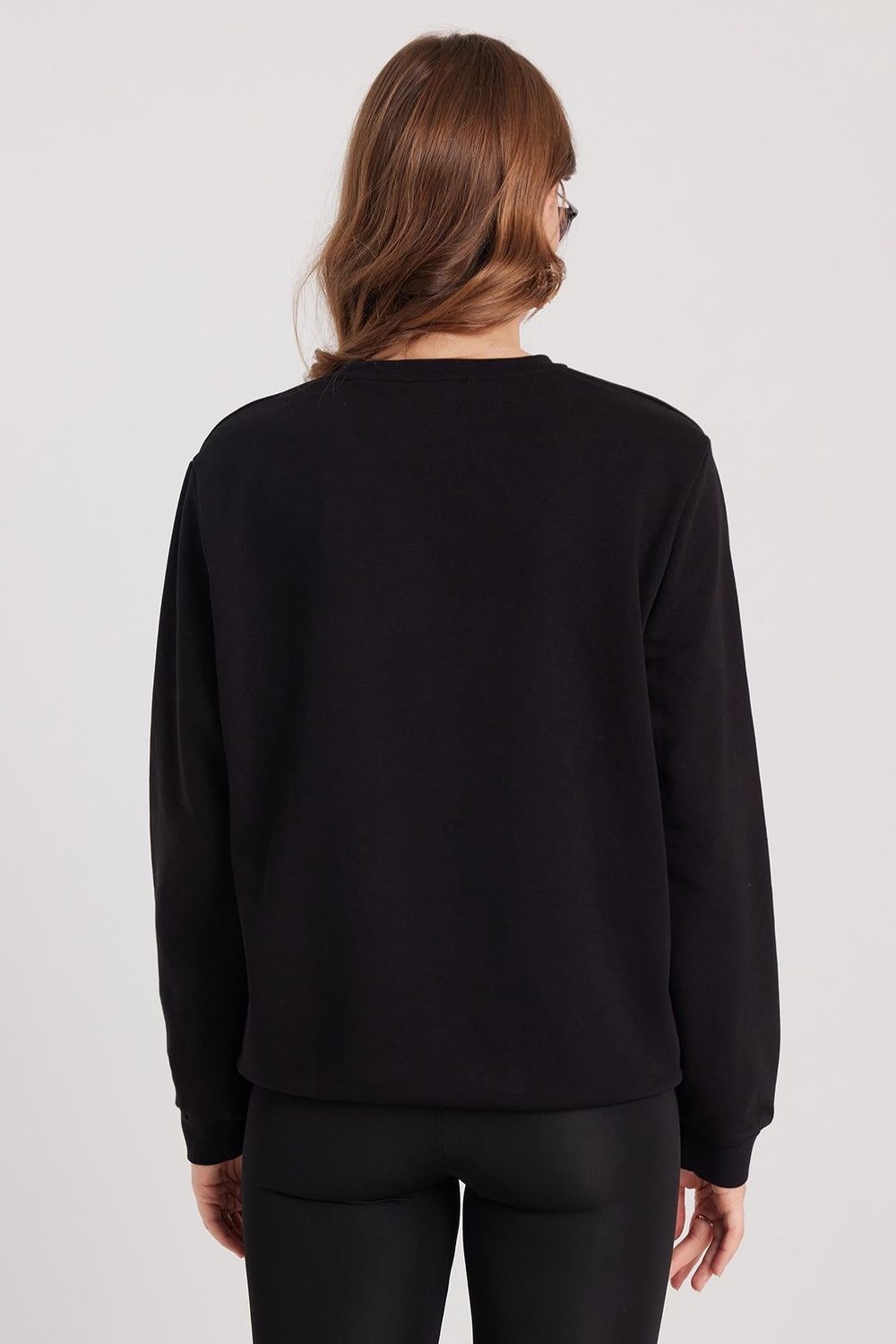 Kadın Oversize Geniş Kesim Pamuklu Basic Siyah Bisiklet Yaka Sweatshirt