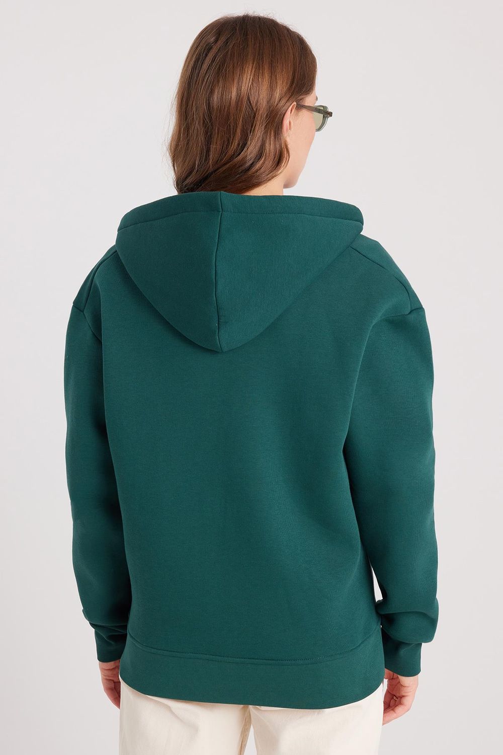 Kadın Relax Fit Rahat Kesim Pamuklu İçi Polarlı Çift Cepli Tam Fermuarlı Siyah Kapüşonlu Sweatshirt