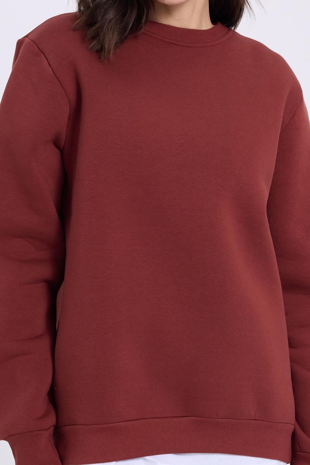 Kadın Oversize Geniş Kesim Pamuklu Yumuşak Dokulu İçi Polarlı Basic Kiremit Bisiklet Yaka Sweatshirt