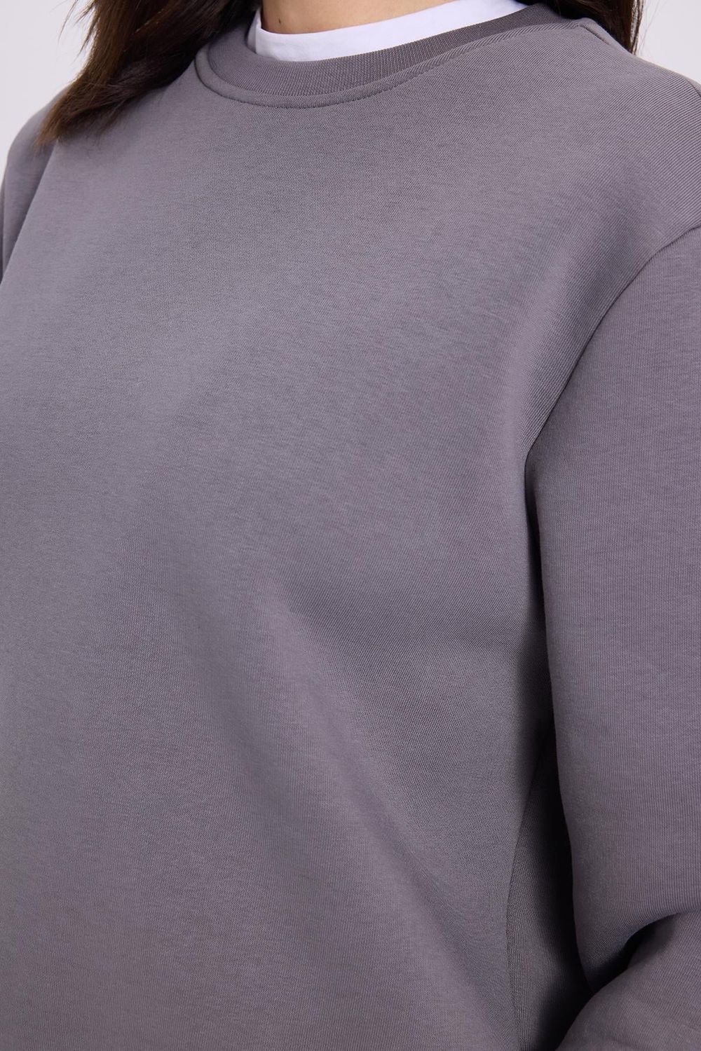 Kadın Oversize Geniş Kesim Pamuklu Yumuşak Dokulu İçi Polarlı Basic Gri Bisiklet Yaka Sweatshirt