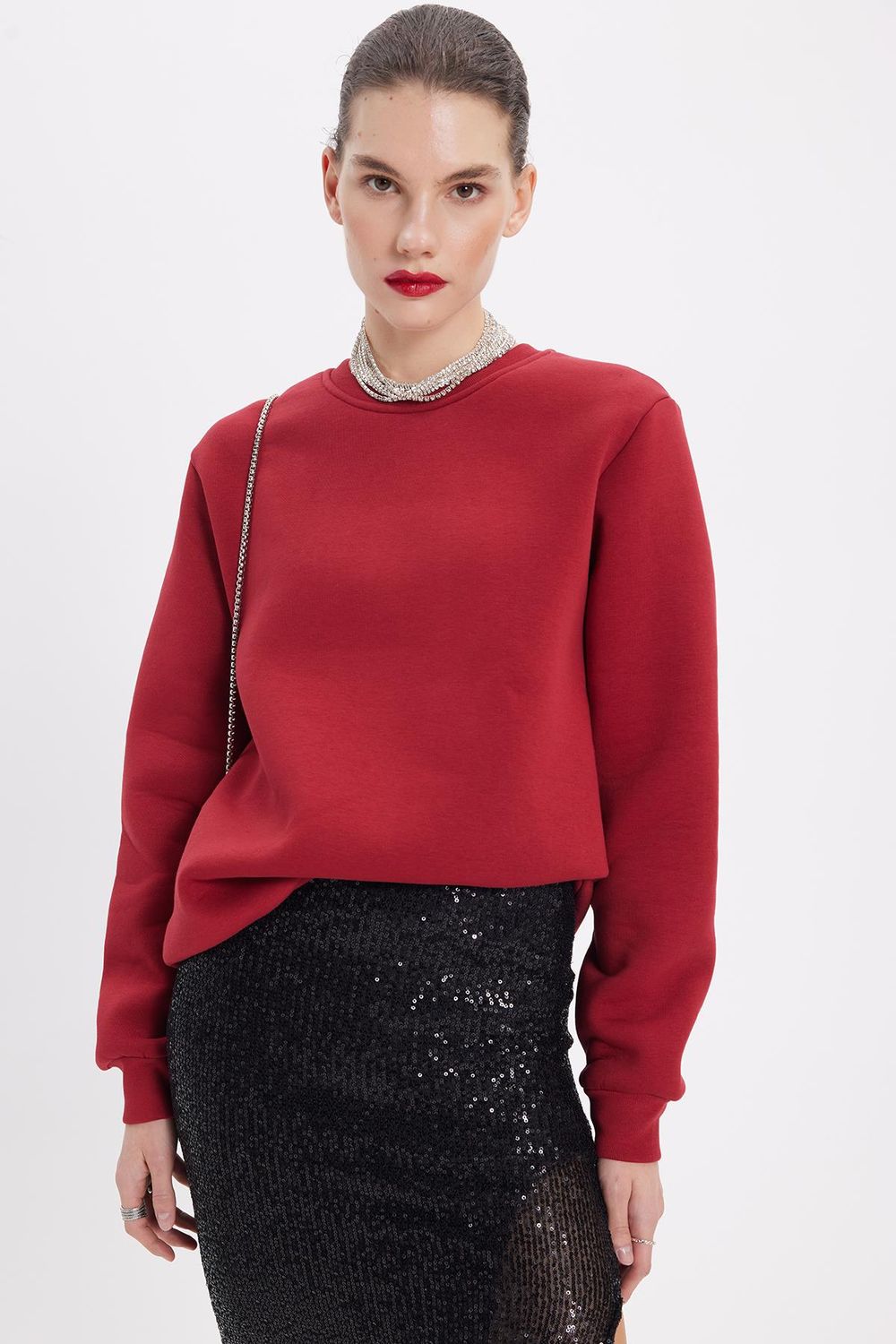 Kadın Oversize Geniş Kesim Pamuklu Yumuşak Dokulu İçi Polarlı Basic Bordo Bisiklet Yaka Sweatshirt