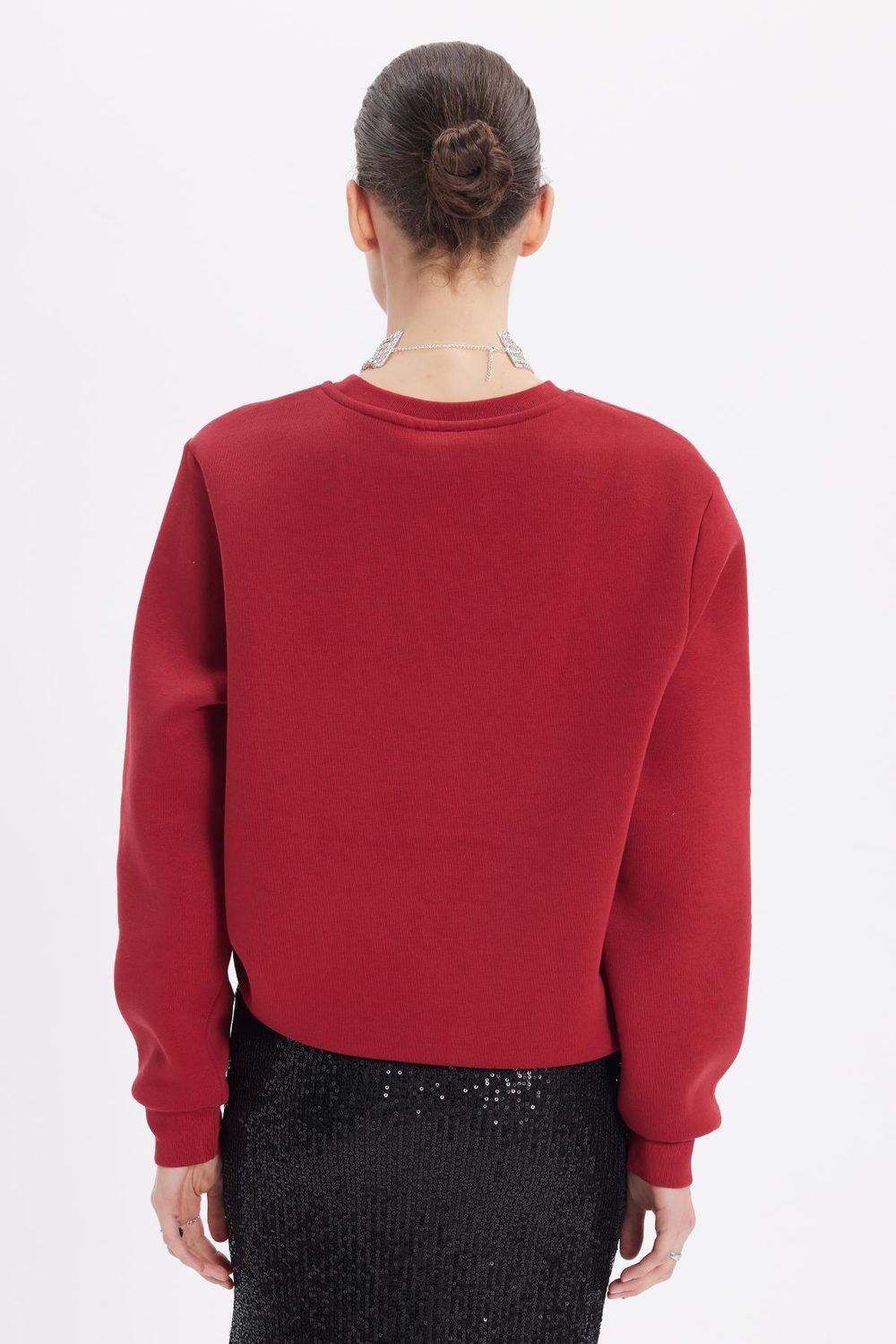 Kadın Oversize Geniş Kesim Pamuklu Yumuşak Dokulu İçi Polarlı Basic Bordo Bisiklet Yaka Sweatshirt