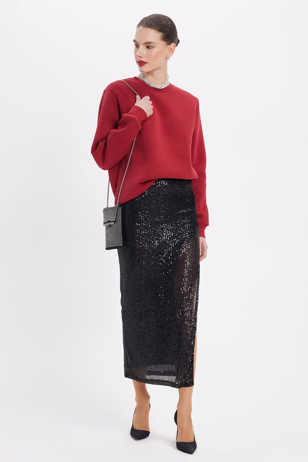 Kadın Oversize Geniş Kesim Pamuklu Yumuşak Dokulu İçi Polarlı Basic Bordo Bisiklet Yaka Sweatshirt