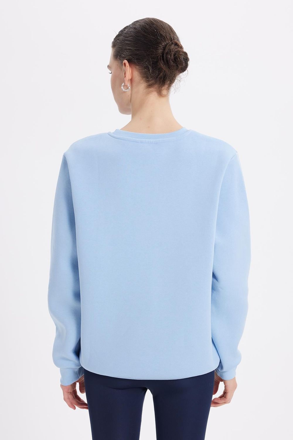 Kadın Oversize Geniş Kesim Pamuklu Yumuşak Dokulu İçi Polarlı Basic Mavi Bisiklet Yaka Sweatshirt