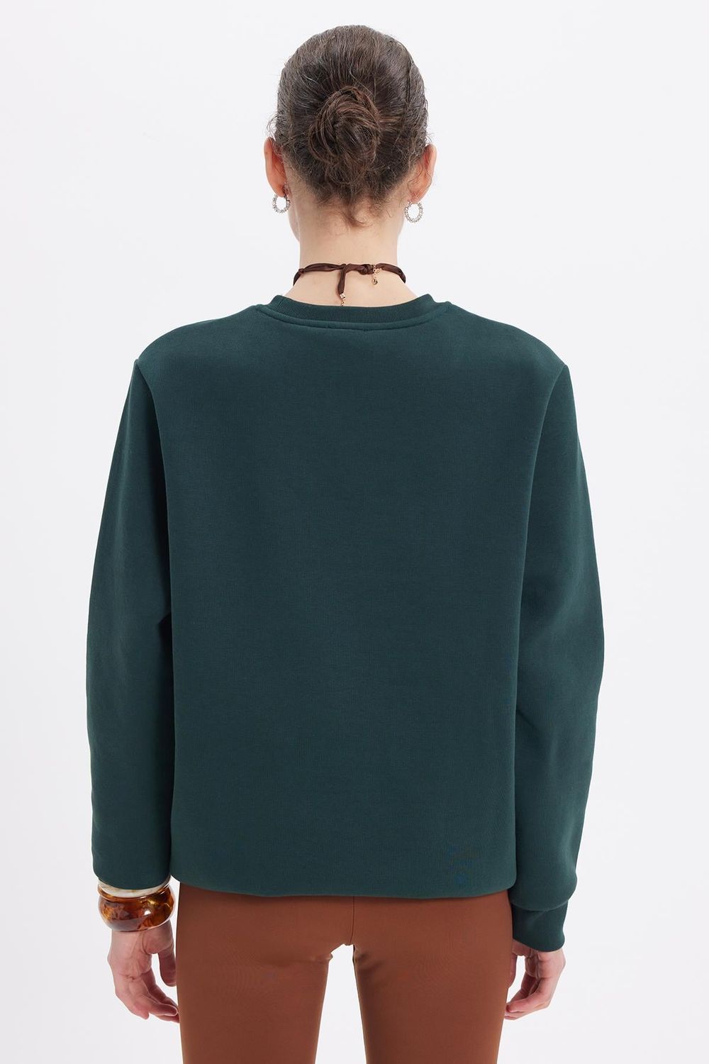 Kadın Oversize Geniş Kesim Pamuklu Yumuşak Dokulu İçi Polarlı Basic Yeşil Bisiklet Yaka Sweatshirt
