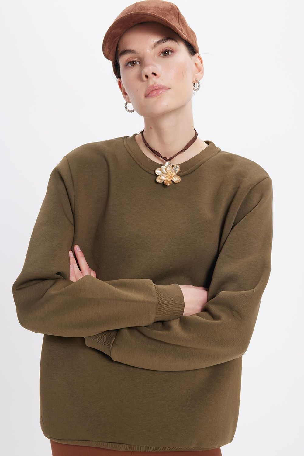 Kadın Oversize Geniş Kesim Pamuklu Yumuşak Dokulu İçi Polarlı Basic Yeşil Bisiklet Yaka Sweatshirt