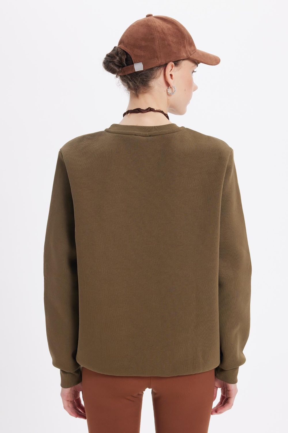 Kadın Oversize Geniş Kesim Pamuklu Yumuşak Dokulu İçi Polarlı Basic Yeşil Bisiklet Yaka Sweatshirt