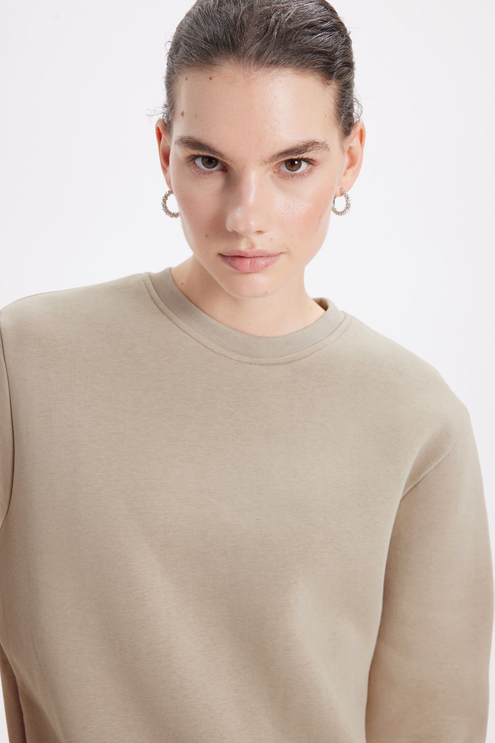 Kadın Oversize Geniş Kesim Pamuklu 3 İplik İçi Polarlı Basic Taş Bisiklet Yaka Sweatshirt