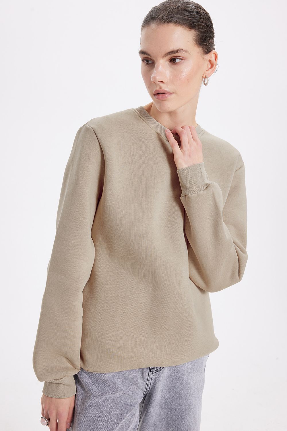 Kadın Oversize Geniş Kesim Pamuklu 3 İplik İçi Polarlı Basic Taş Bisiklet Yaka Sweatshirt