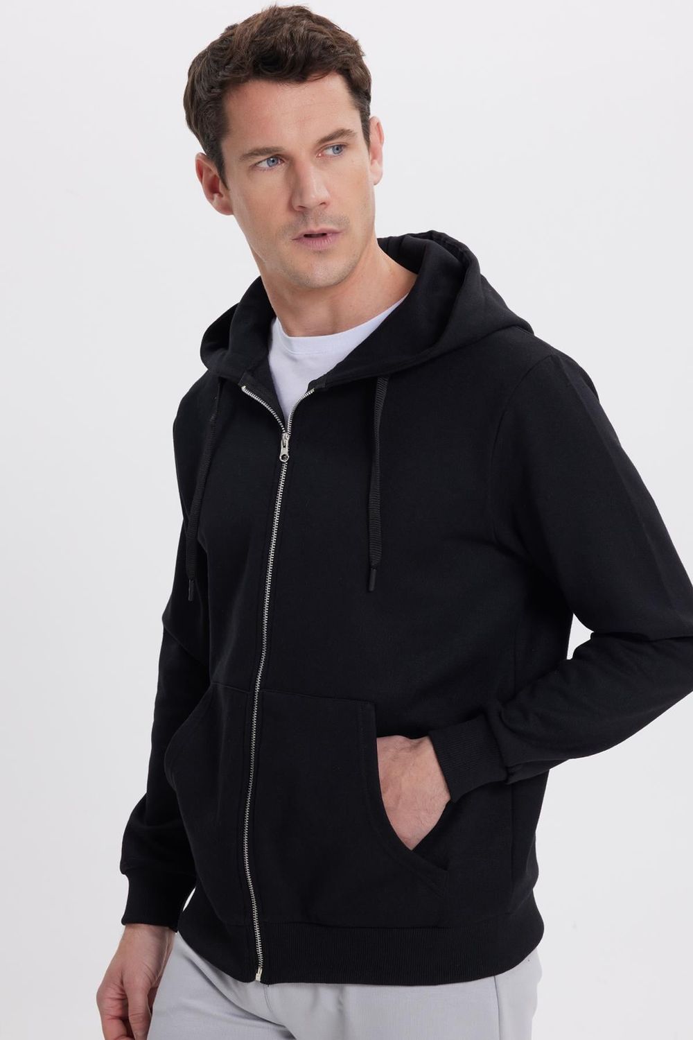 Unisex Relax Fit Rahat Kesim Pamuklu İçi Polarlı Çift Cepli Tam Fermuarlı Siyah Kapüşonlu Sweatshirt