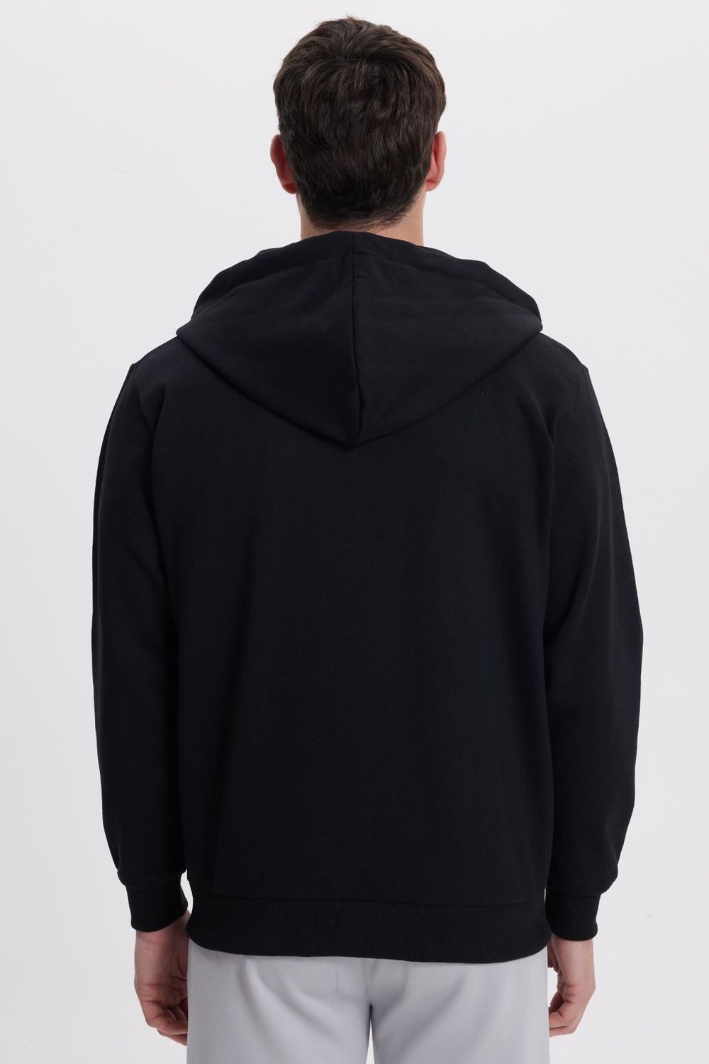 Unisex Relax Fit Rahat Kesim Pamuklu İçi Polarlı Çift Cepli Tam Fermuarlı Siyah Kapüşonlu Sweatshirt