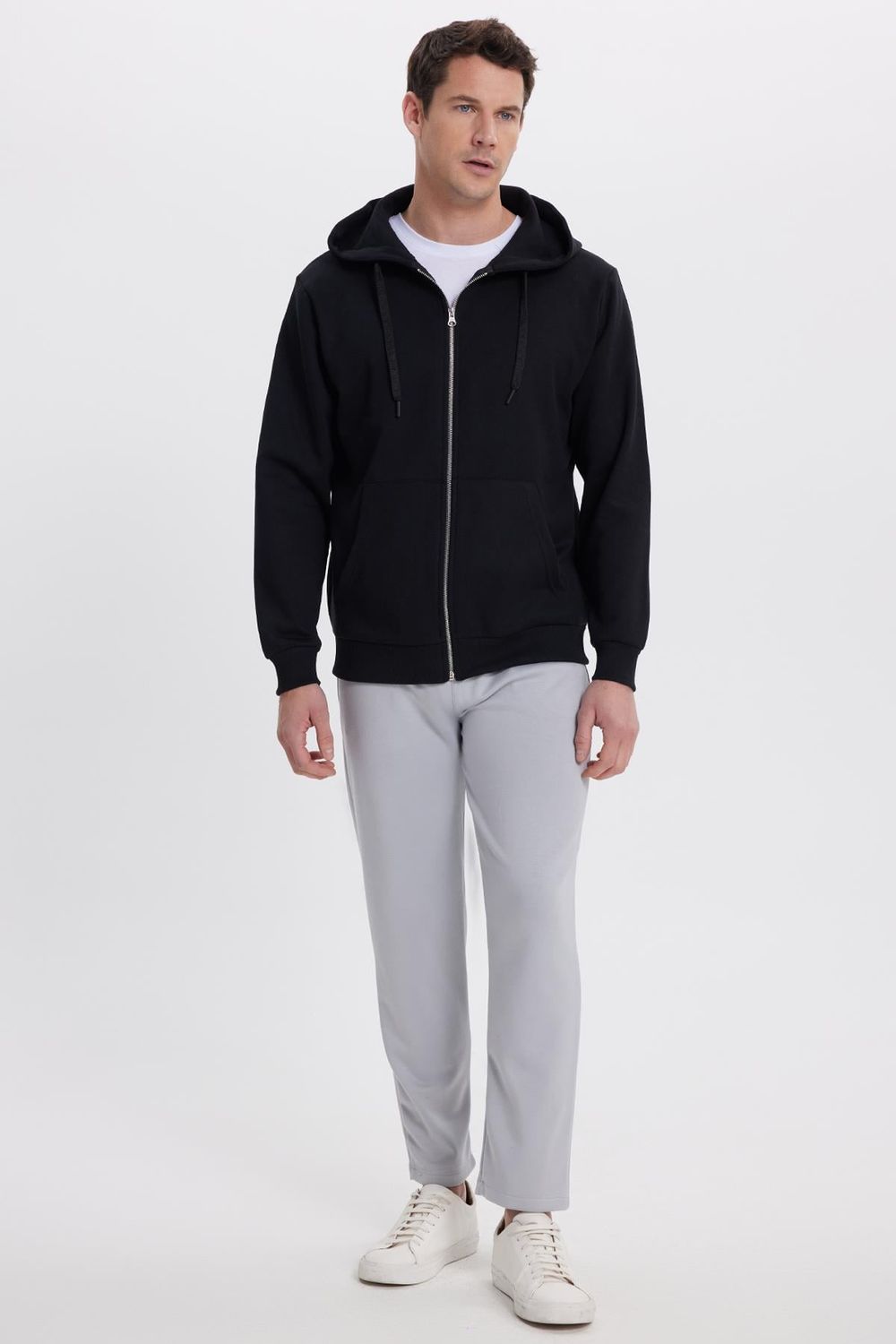Unisex Relax Fit Rahat Kesim Pamuklu İçi Polarlı Çift Cepli Tam Fermuarlı Siyah Kapüşonlu Sweatshirt
