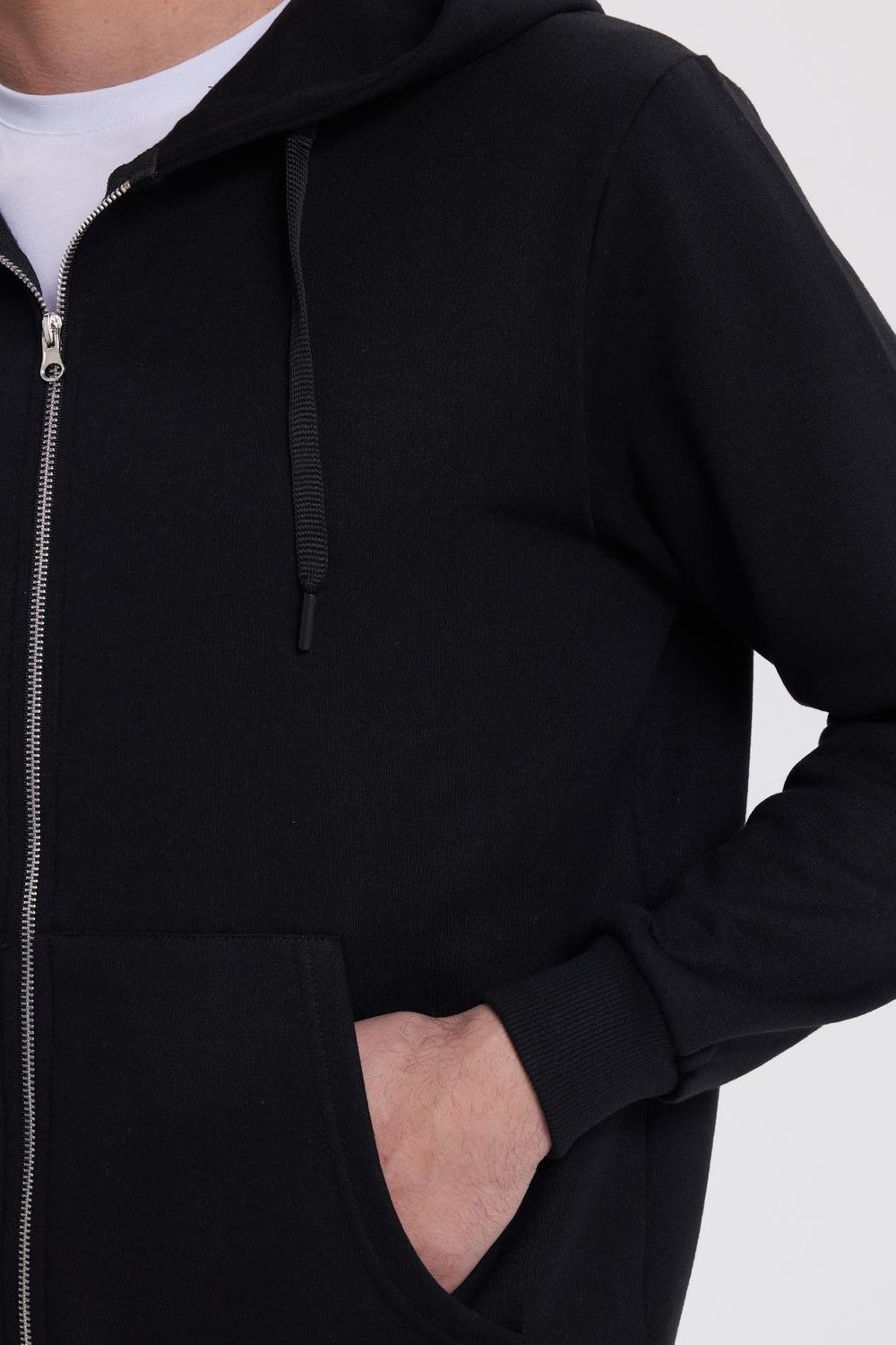 Unisex Relax Fit Rahat Kesim Pamuklu İçi Polarlı Çift Cepli Tam Fermuarlı Siyah Kapüşonlu Sweatshirt