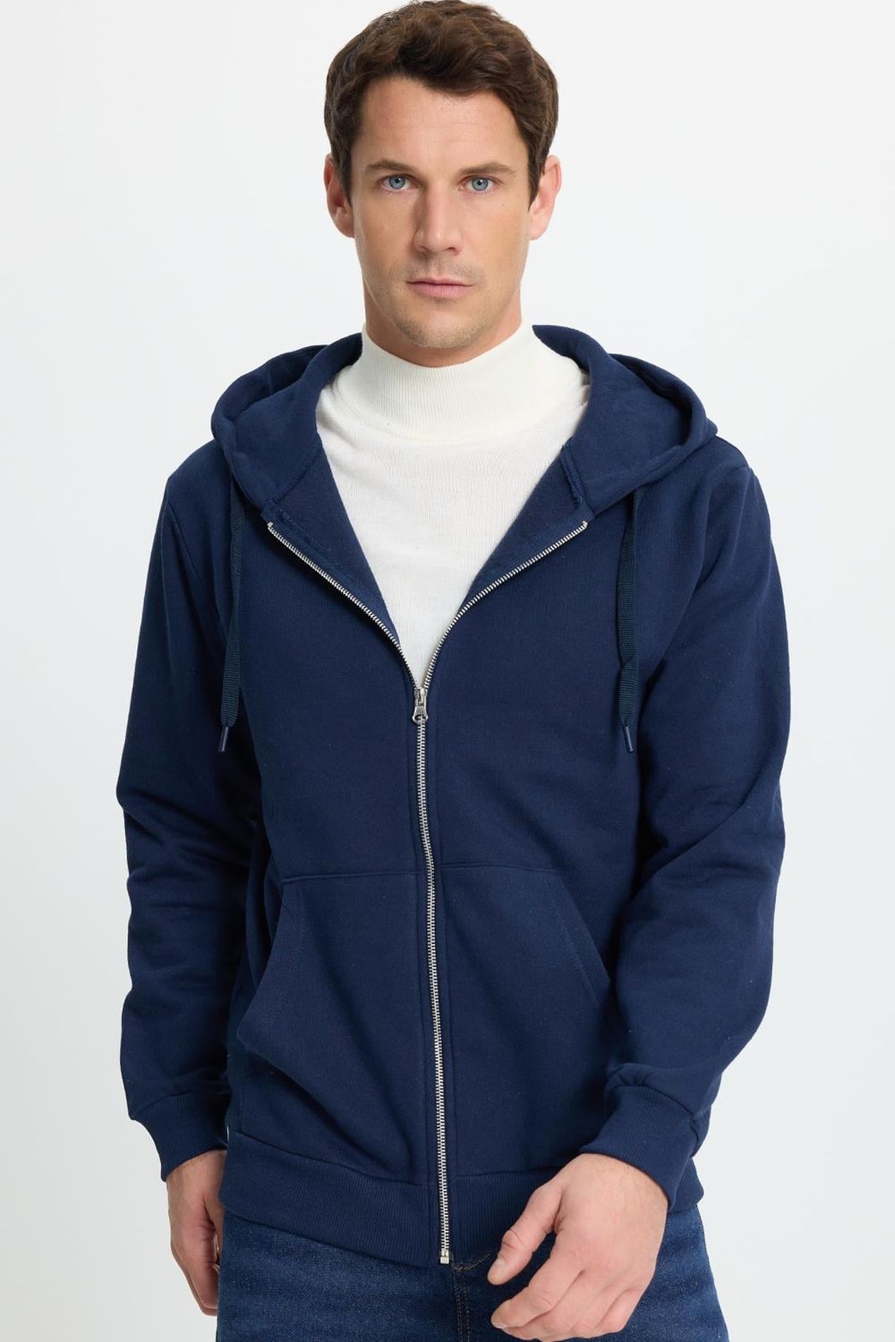 Unisex Relax Fit Rahat Kesim Pamuklu İçi Polarlı Çift Cepli Tam Fermuarlı Lacivert Kapüşonlu Sweatshirt