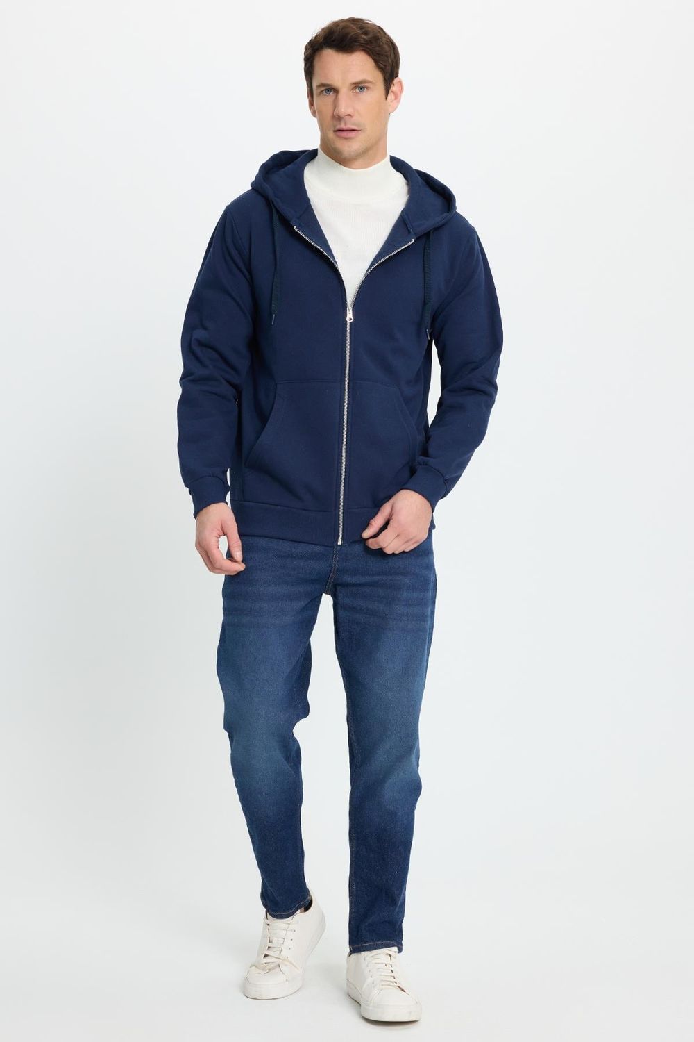 Unisex Relax Fit Rahat Kesim Pamuklu İçi Polarlı Çift Cepli Tam Fermuarlı Lacivert Kapüşonlu Sweatshirt
