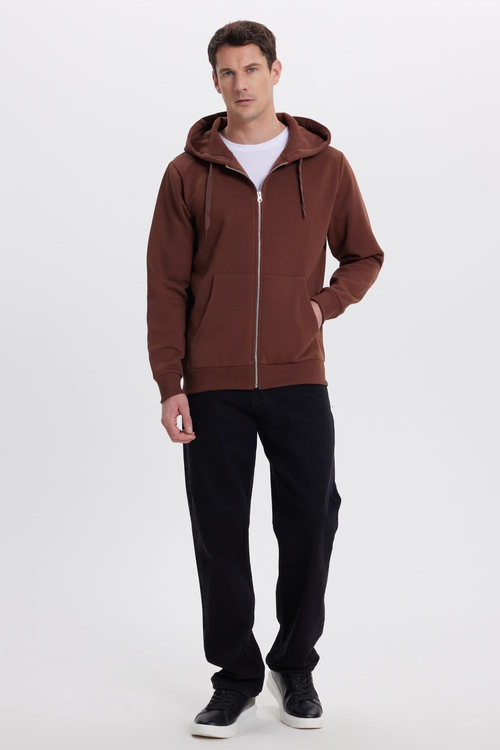 Unisex Relax Fit Rahat Kesim Pamuklu İçi Polarlı Çift Cepli Tam Fermuarlı Kahverengi Kapüşonlu Sweatshirt