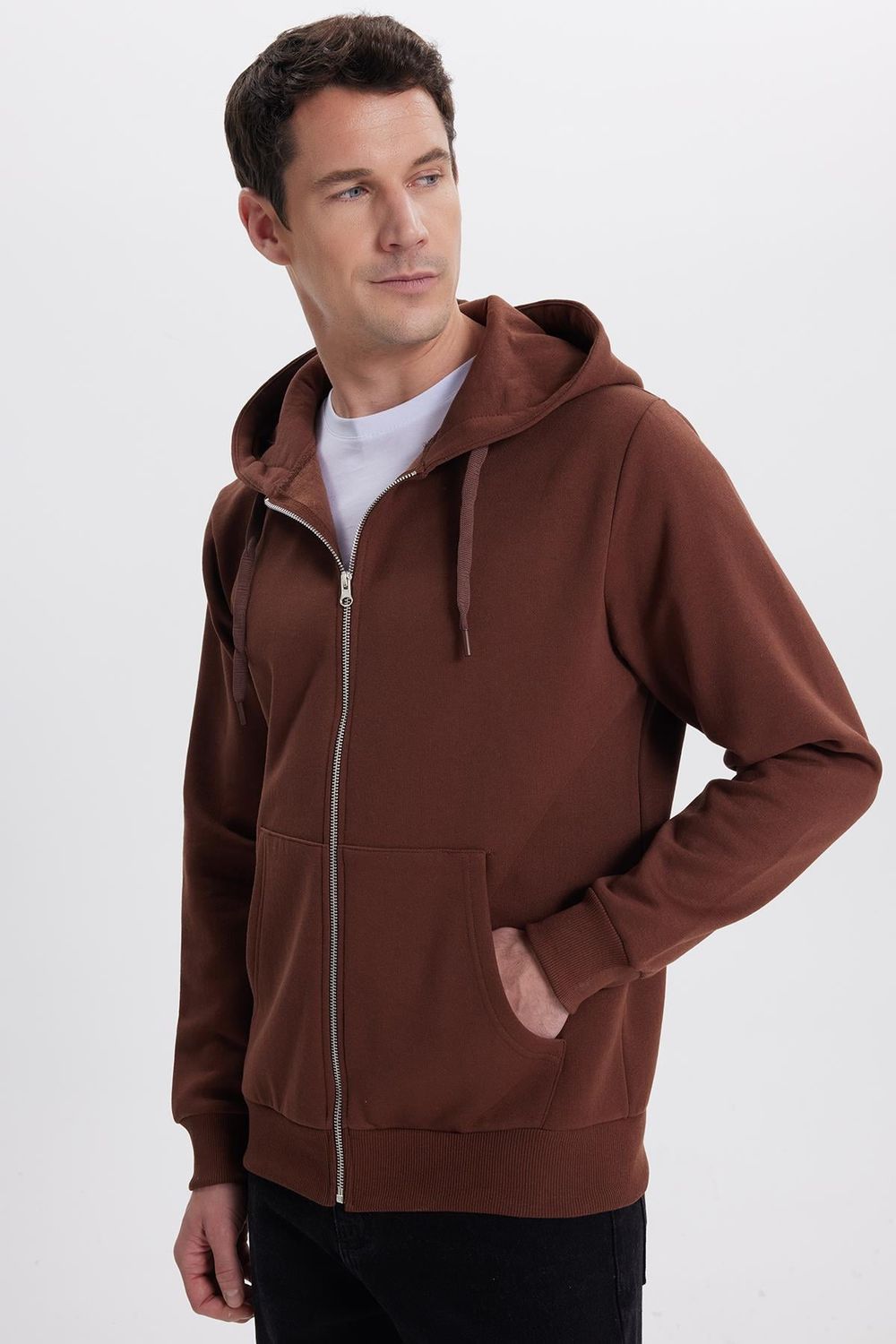 Unisex Relax Fit Rahat Kesim Pamuklu İçi Polarlı Çift Cepli Tam Fermuarlı Kahverengi Kapüşonlu Sweatshirt