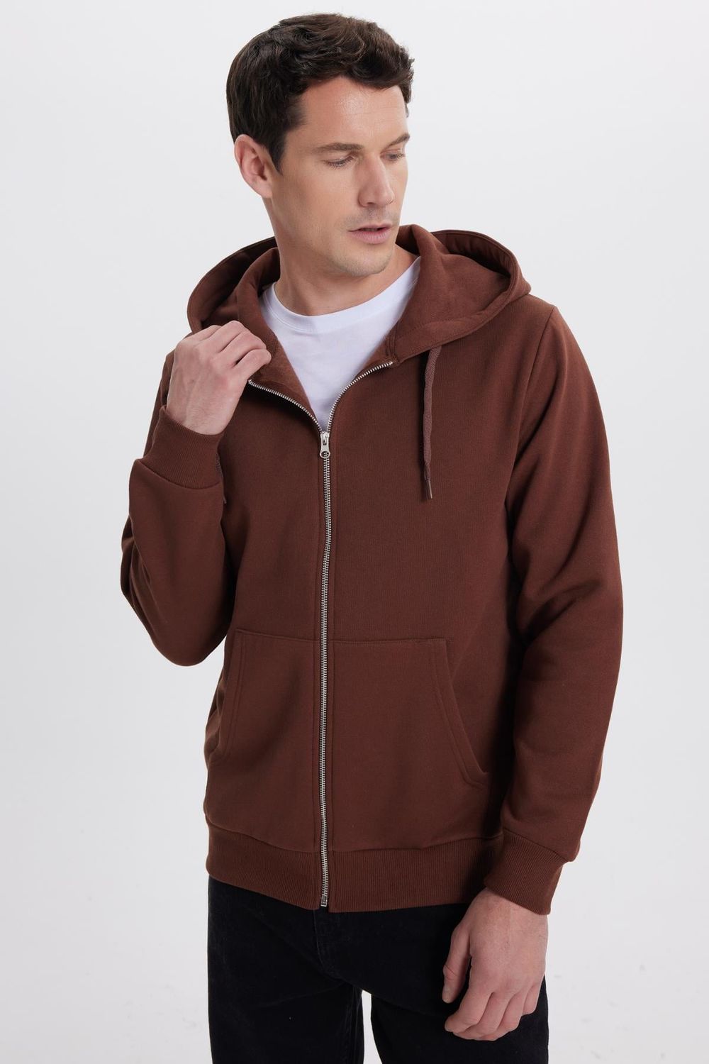 Unisex Relax Fit Rahat Kesim Pamuklu İçi Polarlı Çift Cepli Tam Fermuarlı Kahverengi Kapüşonlu Sweatshirt