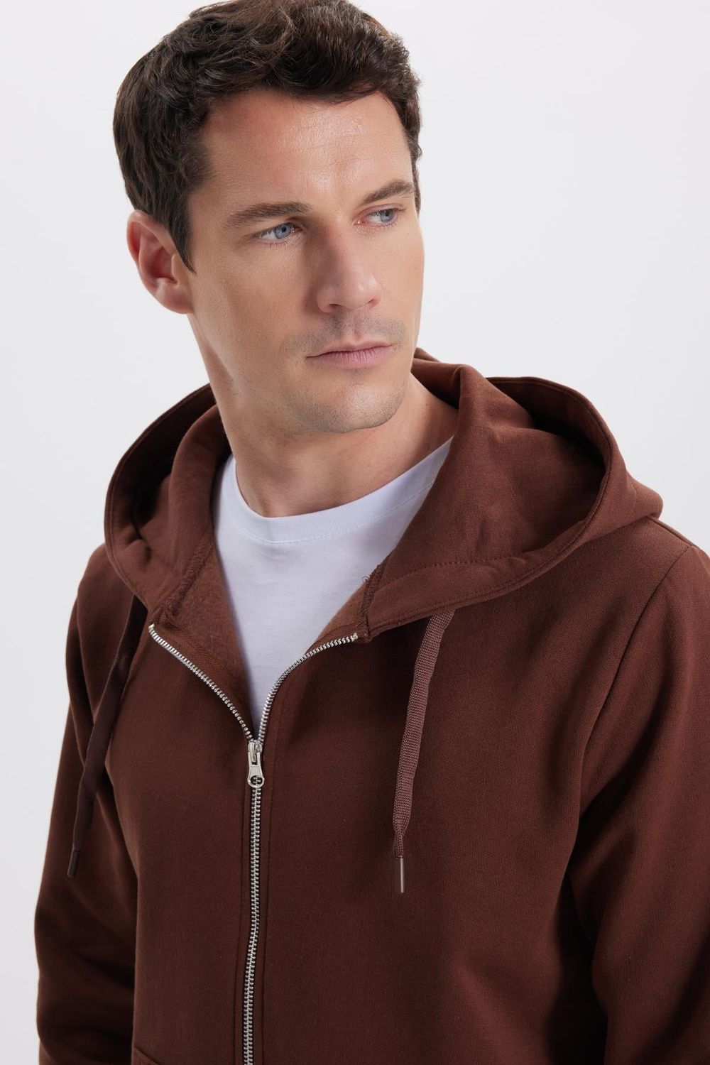 Unisex Relax Fit Rahat Kesim Pamuklu İçi Polarlı Çift Cepli Tam Fermuarlı Kahverengi Kapüşonlu Sweatshirt