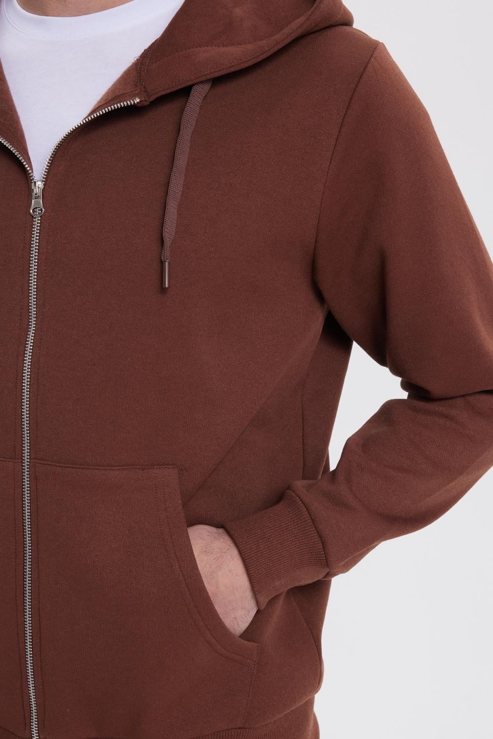 Unisex Relax Fit Rahat Kesim Pamuklu İçi Polarlı Çift Cepli Tam Fermuarlı Kahverengi Kapüşonlu Sweatshirt