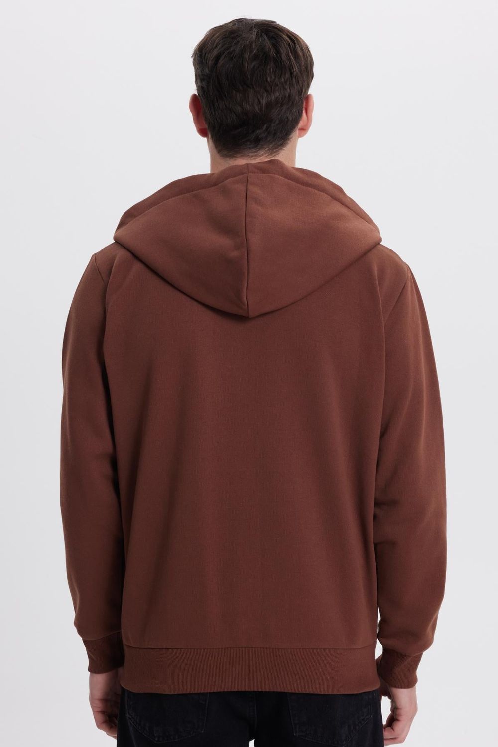 Unisex Relax Fit Rahat Kesim Pamuklu İçi Polarlı Çift Cepli Tam Fermuarlı Kahverengi Kapüşonlu Sweatshirt