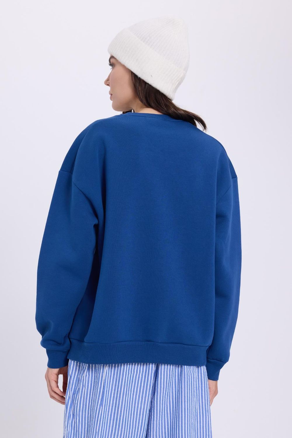 Kadın Oversize Geniş Kesim Pamuklu 3 iplik Bisiklet Yaka Mavi Sweatshirt