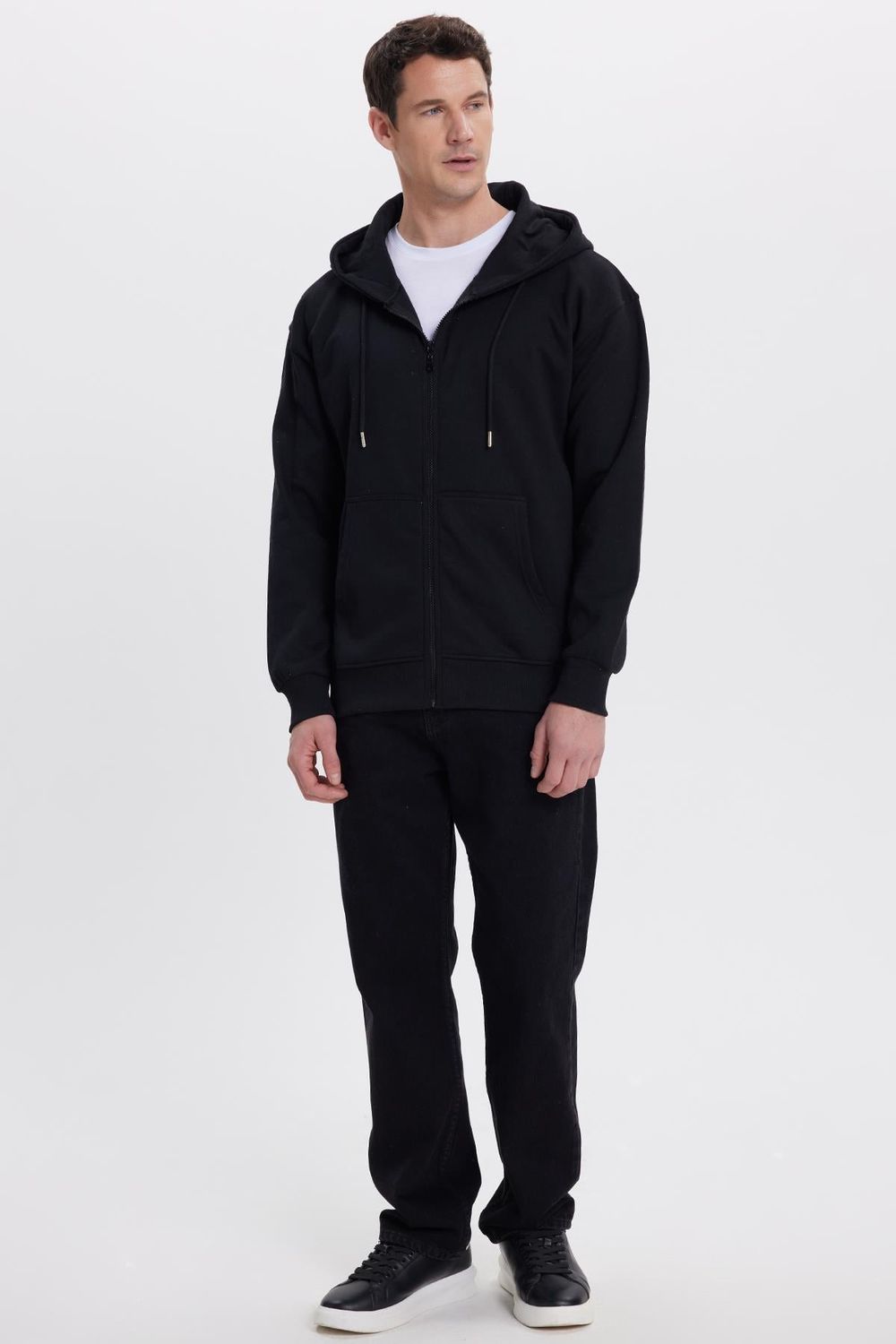 Erkek Relax Fit Rahat Kesim Pamuklu Tam Fermuarlı Kanguru Cepli Sırt Çantalı Siyah Sweatshirt