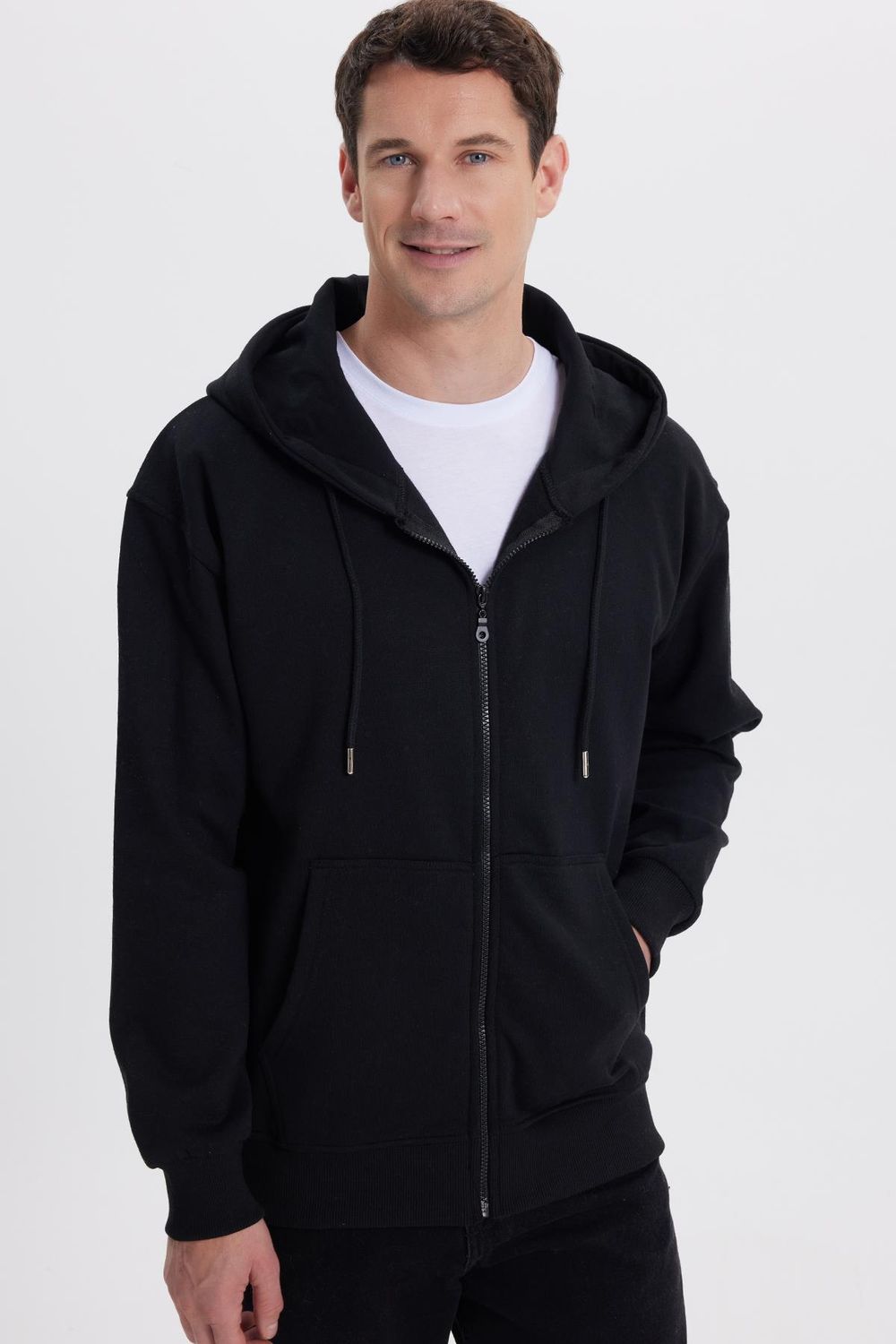 Erkek Relax Fit Rahat Kesim Pamuklu Tam Fermuarlı Kanguru Cepli Sırt Çantalı Siyah Sweatshirt
