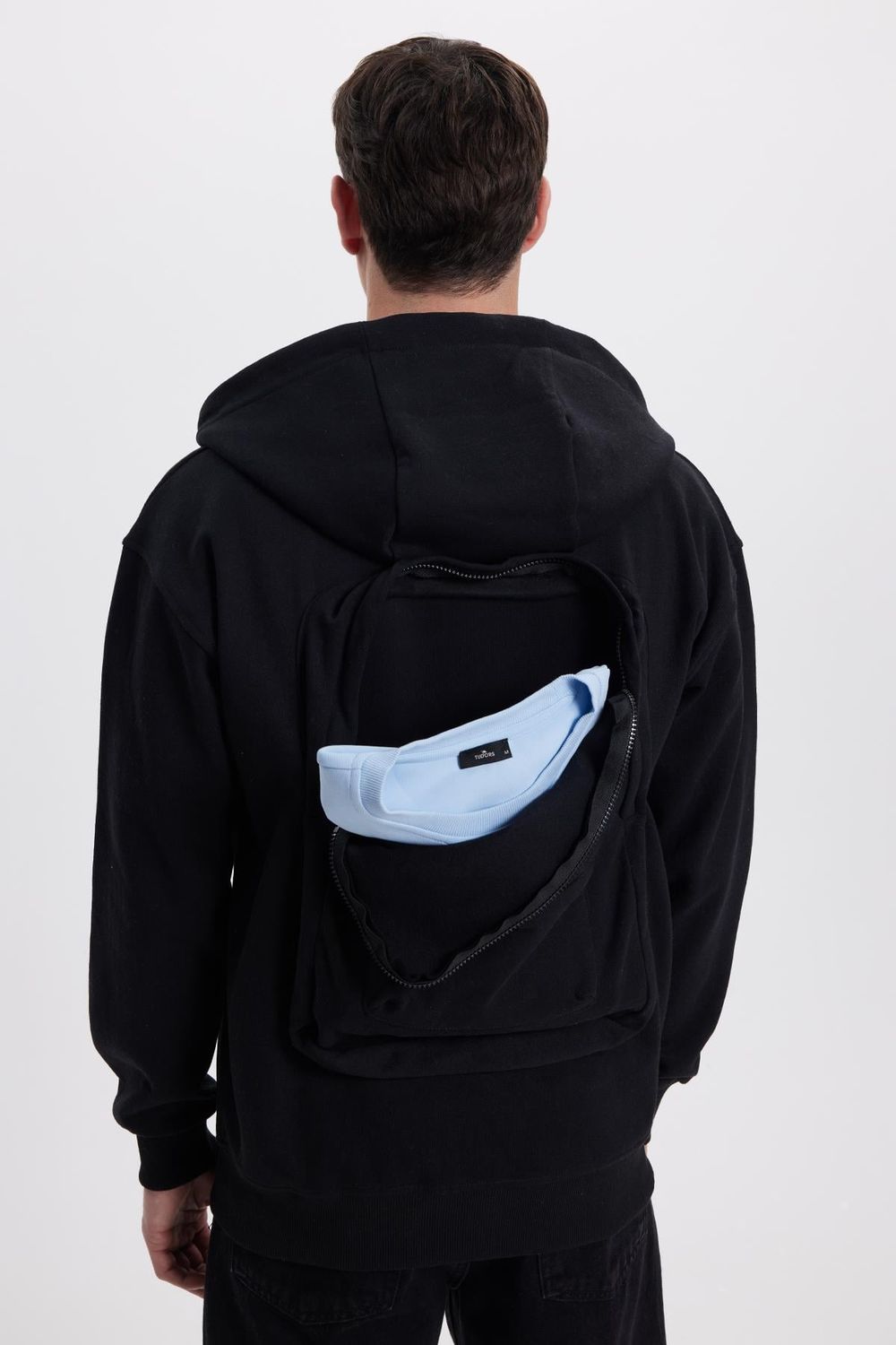 Erkek Relax Fit Rahat Kesim Pamuklu Tam Fermuarlı Kanguru Cepli Sırt Çantalı Siyah Sweatshirt