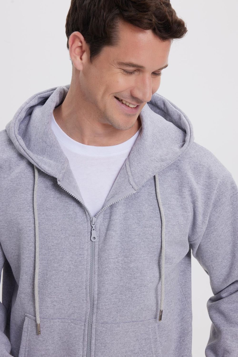 Erkek Relax Fit Rahat Kesim Pamuklu Tam Fermuarlı Kanguru Cepli Sırt Çantalı Gri Sweatshirt