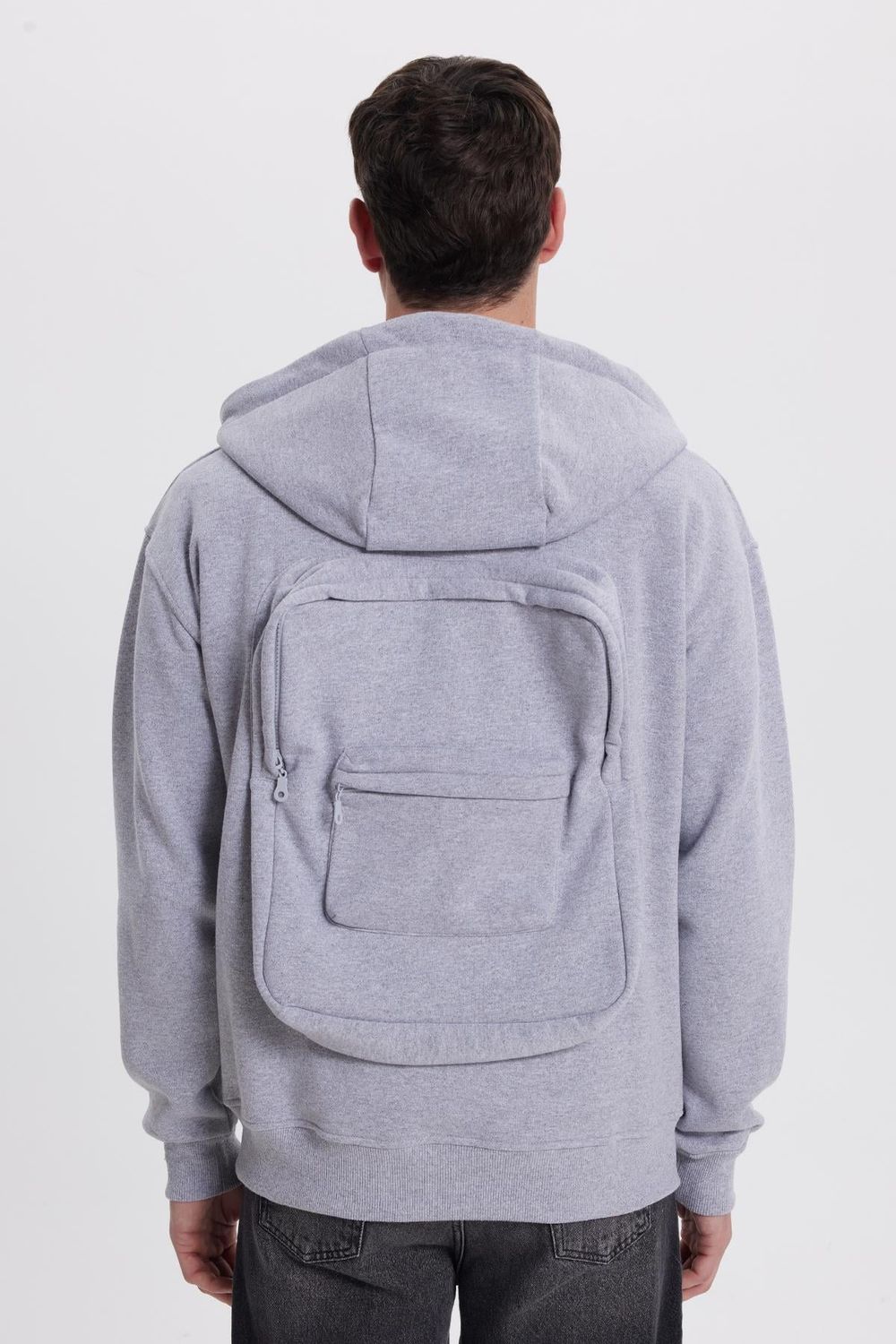 Erkek Relax Fit Rahat Kesim Pamuklu Tam Fermuarlı Kanguru Cepli Sırt Çantalı Gri Sweatshirt