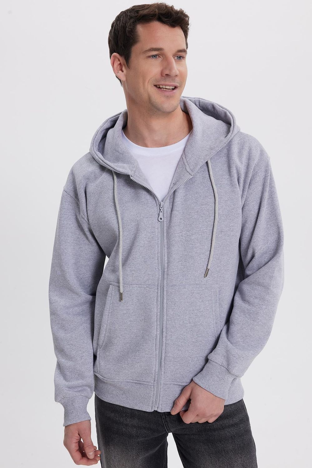 Erkek Relax Fit Rahat Kesim Pamuklu Tam Fermuarlı Kanguru Cepli Sırt Çantalı Gri Sweatshirt