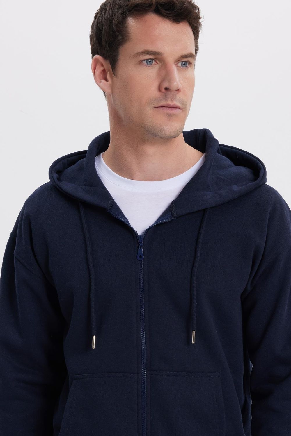 Erkek Relax Fit Rahat Kesim Pamuklu Tam Fermuarlı Kanguru Cepli Sırt Çantalı Lacivert Sweatshirt