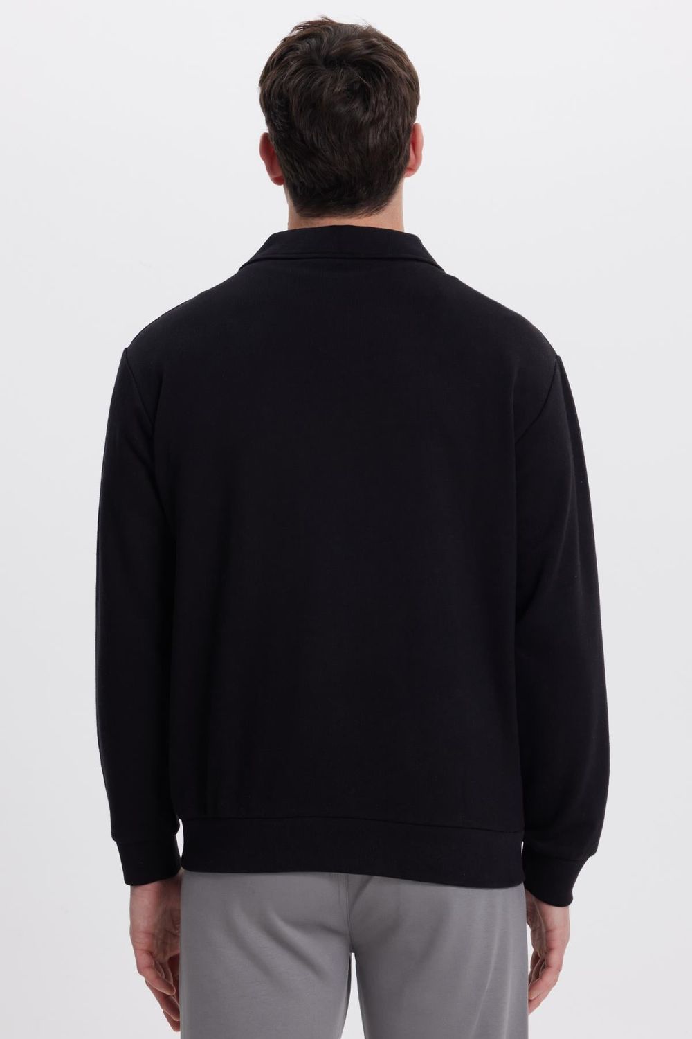 Erkek Relax Fit Rahat Kesim Pamuklu 3 İplik Fermuarlı Polo Yaka Siyah Sweatshirt