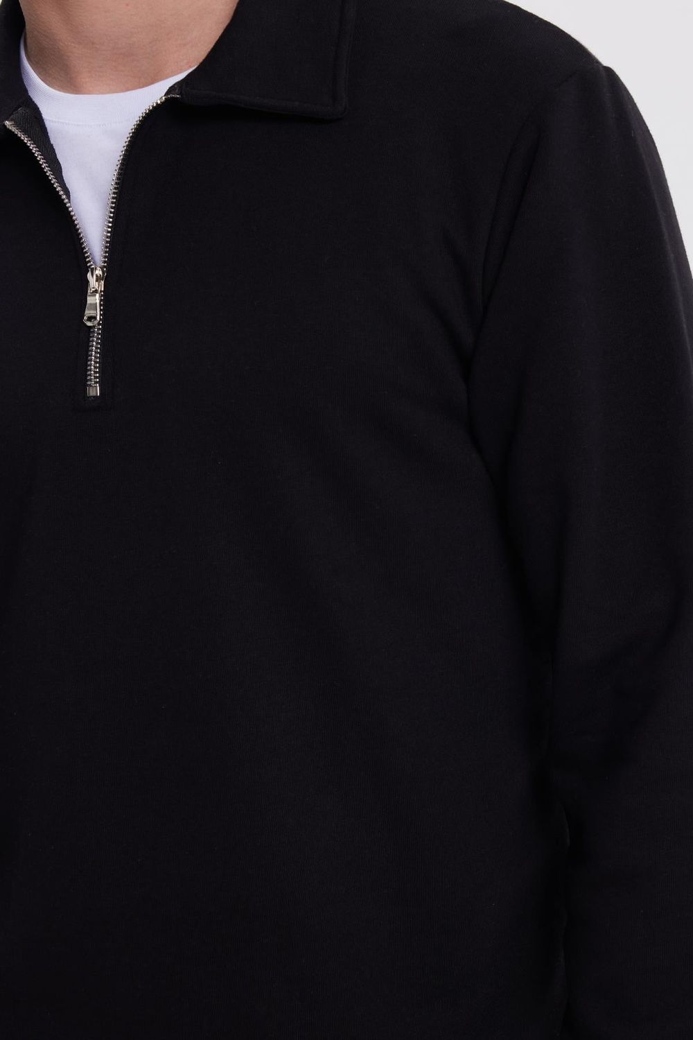 Erkek Relax Fit Rahat Kesim Pamuklu 3 İplik Fermuarlı Polo Yaka Siyah Sweatshirt