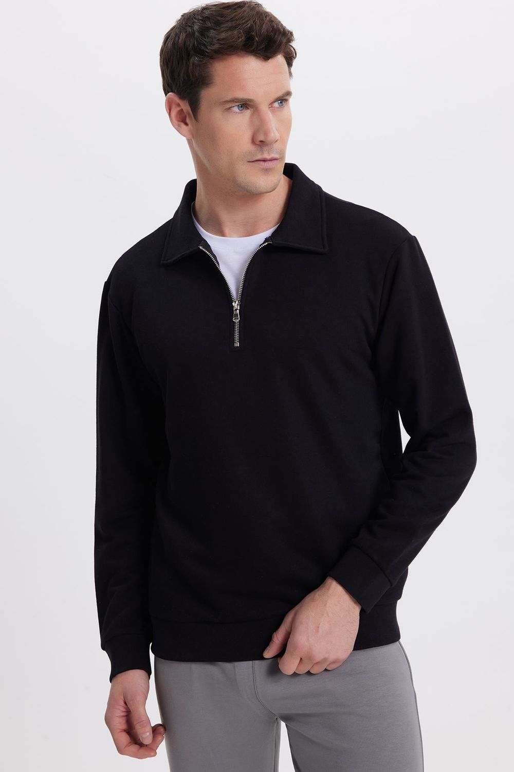 Erkek Relax Fit Rahat Kesim Pamuklu 3 İplik Fermuarlı Polo Yaka Siyah Sweatshirt