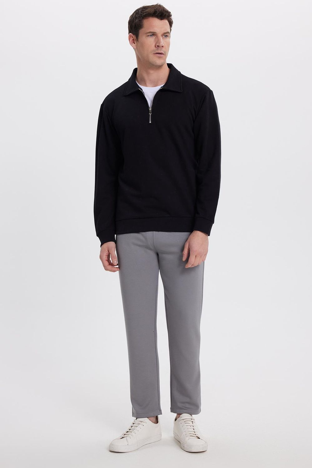 Erkek Relax Fit Rahat Kesim Pamuklu 3 İplik Fermuarlı Polo Yaka Siyah Sweatshirt
