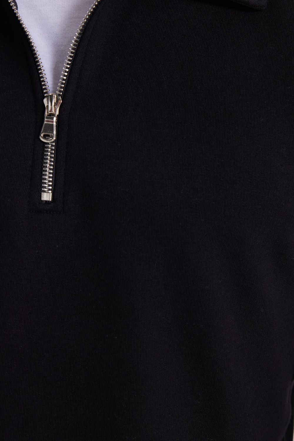 Erkek Relax Fit Rahat Kesim Pamuklu 3 İplik Fermuarlı Polo Yaka Siyah Sweatshirt