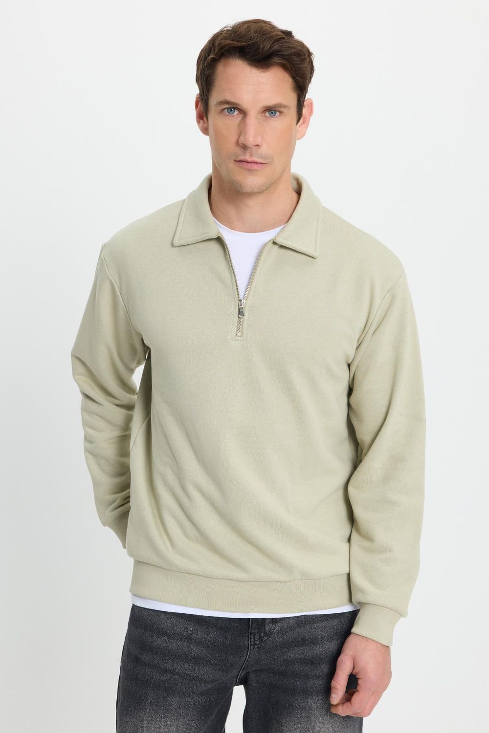 Erkek Relax Fit Rahat Kesim Pamuklu Fermuarlı Polo Yaka Bej Sweatshirt