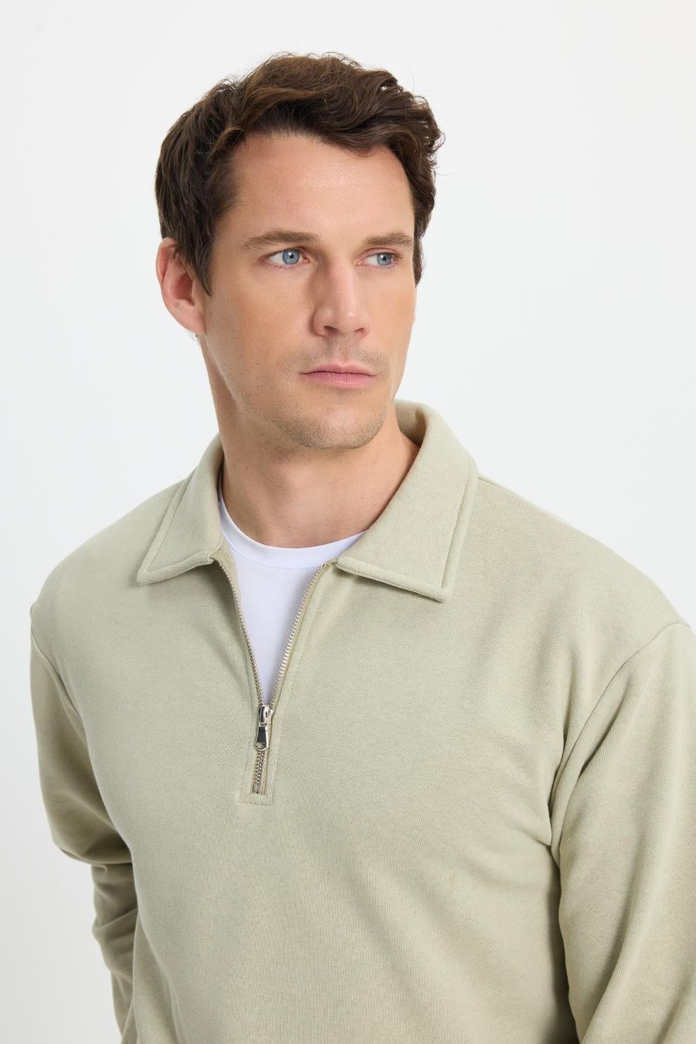 Erkek Relax Fit Rahat Kesim Pamuklu Fermuarlı Polo Yaka Bej Sweatshirt