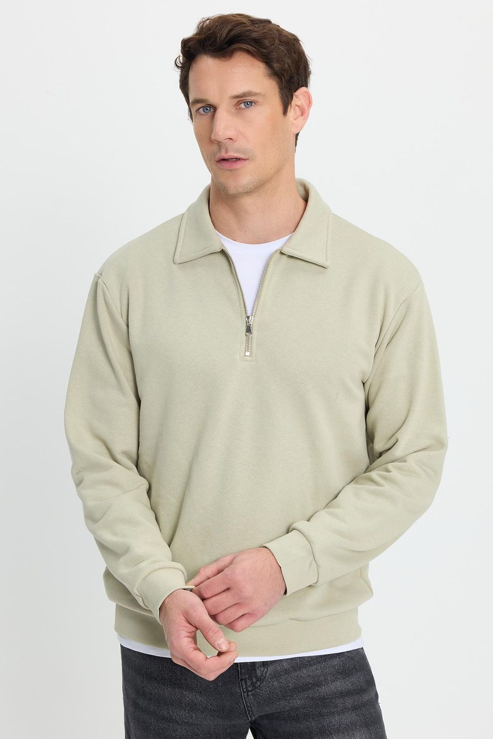 Erkek Relax Fit Rahat Kesim Pamuklu Fermuarlı Polo Yaka Bej Sweatshirt