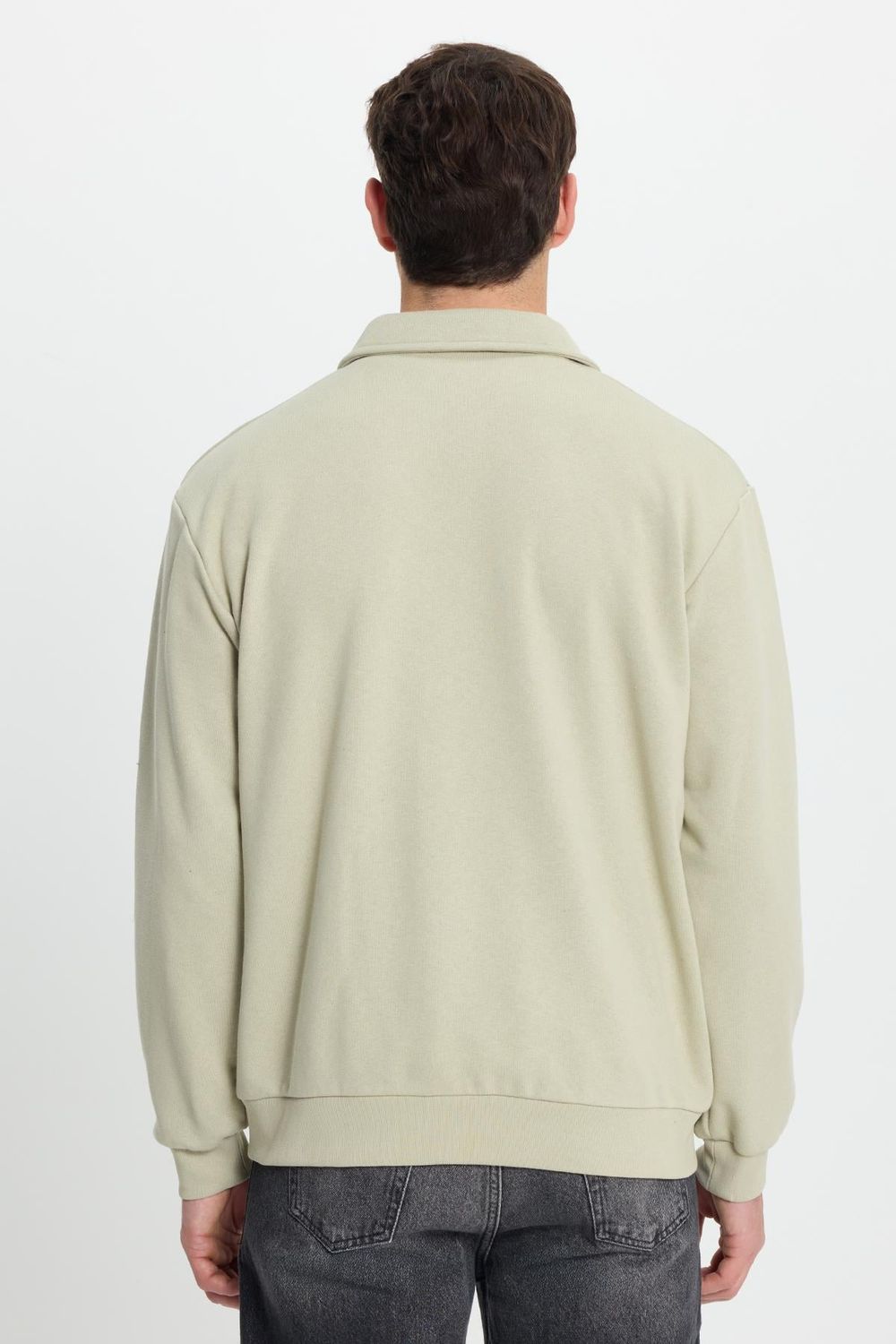 Erkek Relax Fit Rahat Kesim Pamuklu Fermuarlı Polo Yaka Bej Sweatshirt