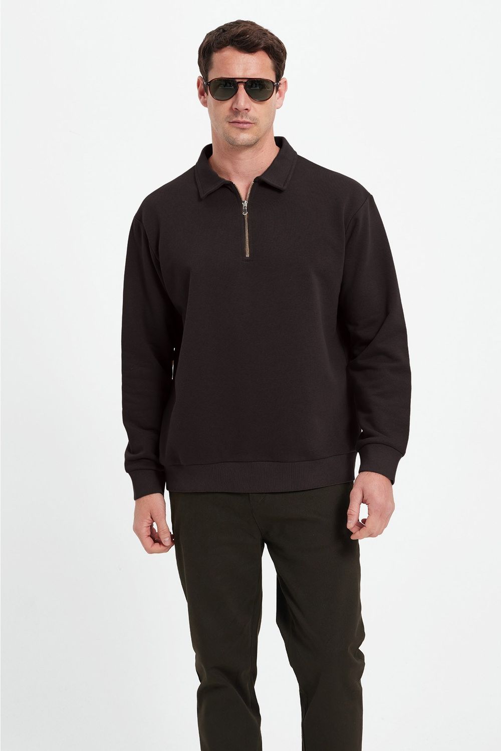RELAX FIT HALF ZIPPER PLAIN POLO NECK SWEATSHIRT