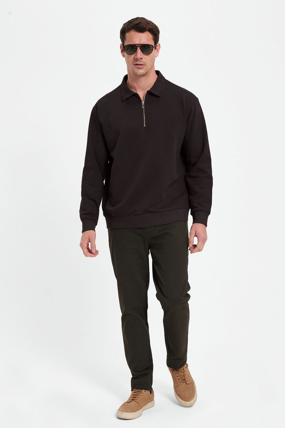 RELAX FIT HALF ZIPPER PLAIN POLO NECK SWEATSHIRT