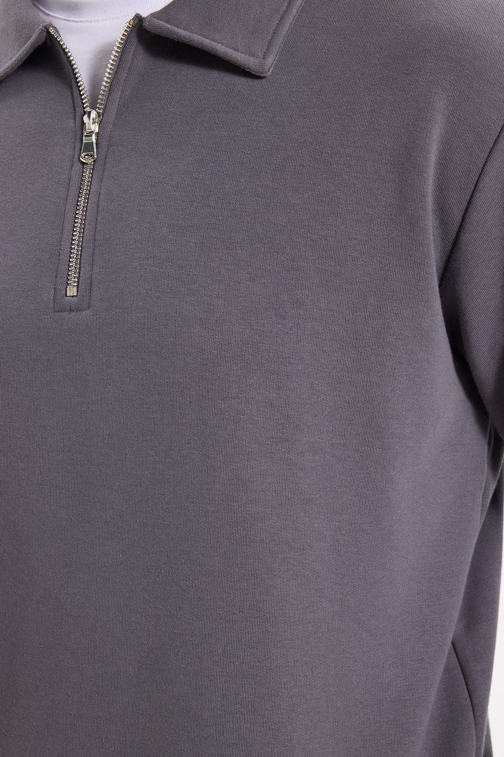 Erkek Relax Fit Rahat Kesim Pamuklu 3 İplik Fermuarlı Polo Yaka Koyu Gri Sweatshirt