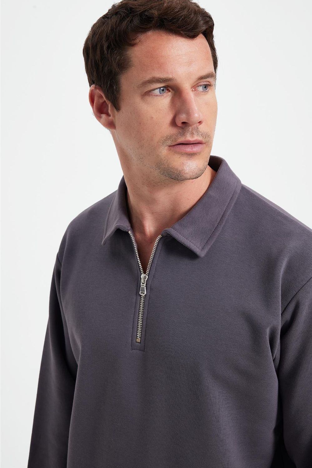 Erkek Relax Fit Rahat Kesim Pamuklu 3 İplik Fermuarlı Polo Yaka Koyu Gri Sweatshirt