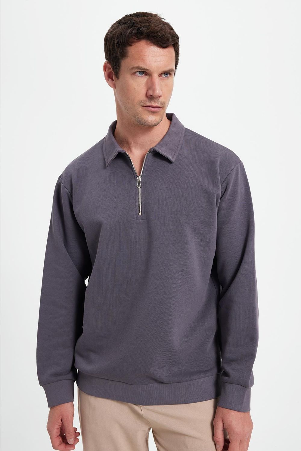 Erkek Relax Fit Rahat Kesim Pamuklu 3 İplik Fermuarlı Polo Yaka Koyu Gri Sweatshirt