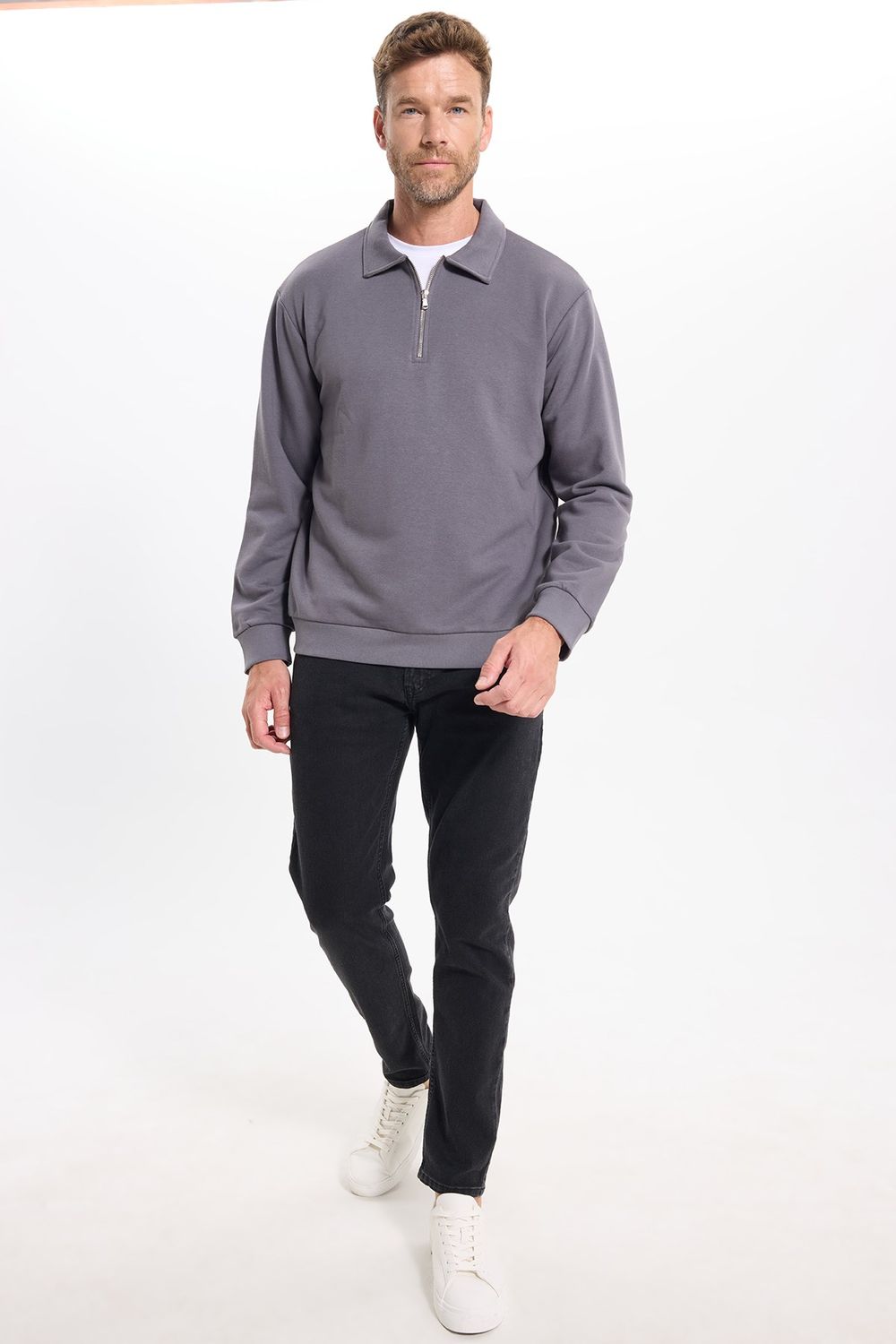 Erkek Relax Fit Rahat Kesim Pamuklu 3 İplik Fermuarlı Polo Yaka Koyu Gri Sweatshirt