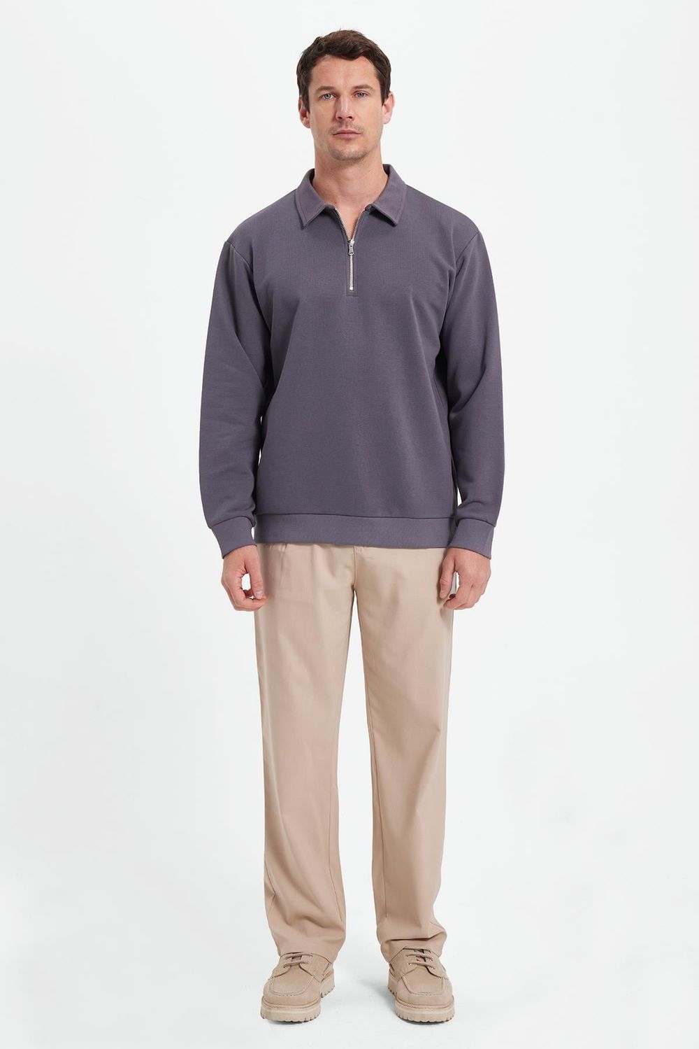 Erkek Relax Fit Rahat Kesim Pamuklu 3 İplik Fermuarlı Polo Yaka Koyu Gri Sweatshirt